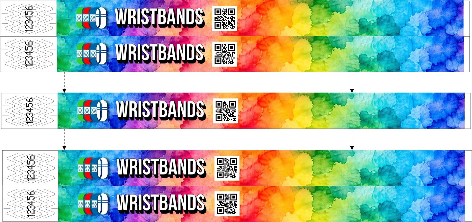 Pulseiras impressas, cada uma com um QR code diferente