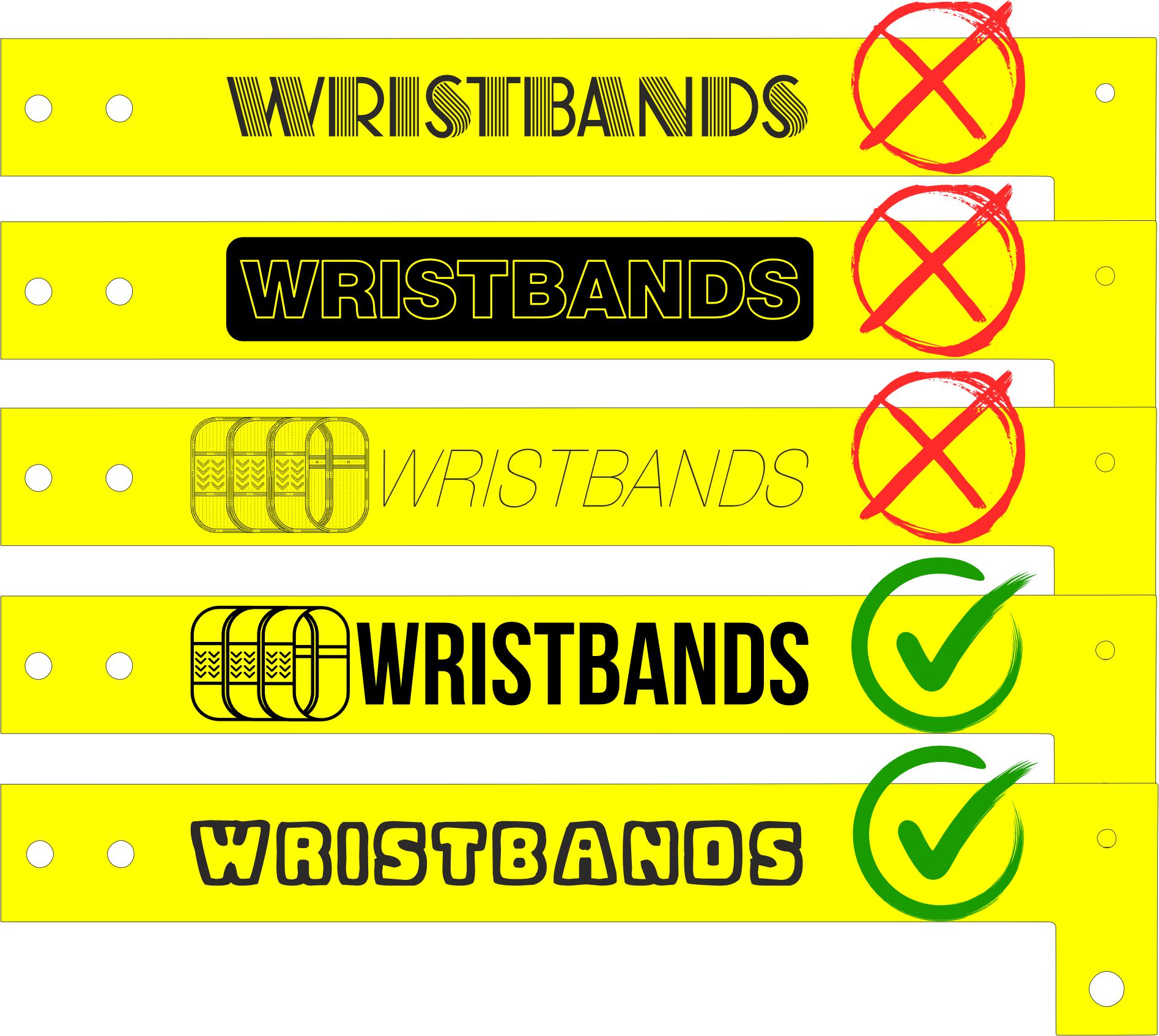 Cinco pulseiras de vinil: três designs rejeitados, feitos de linhas finíssimas, contornos e pormenores finos, e dois designs aceites, desenhados com formas chapadas