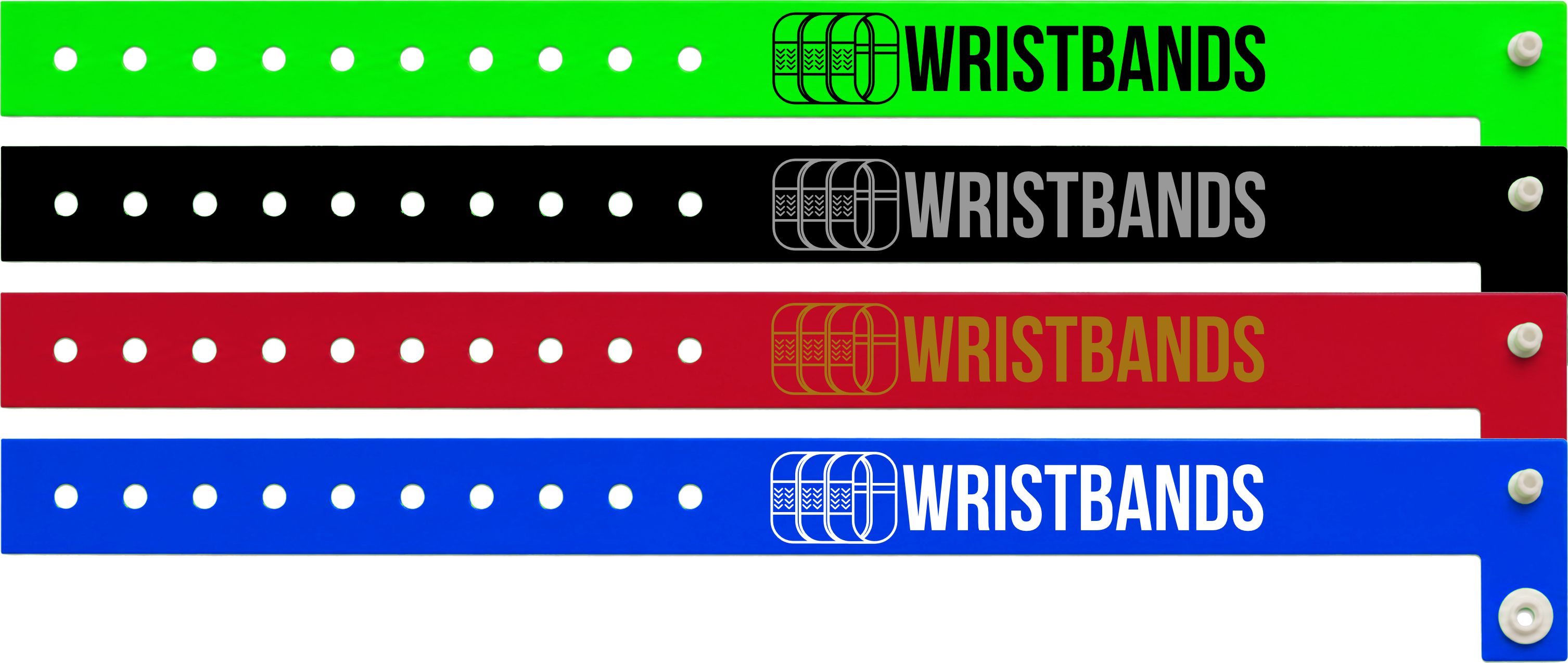 Quatro pulseiras de vinil: impressão a preto em verde néon, a prateado em preto, a dourado em vermelho e a branco em azul