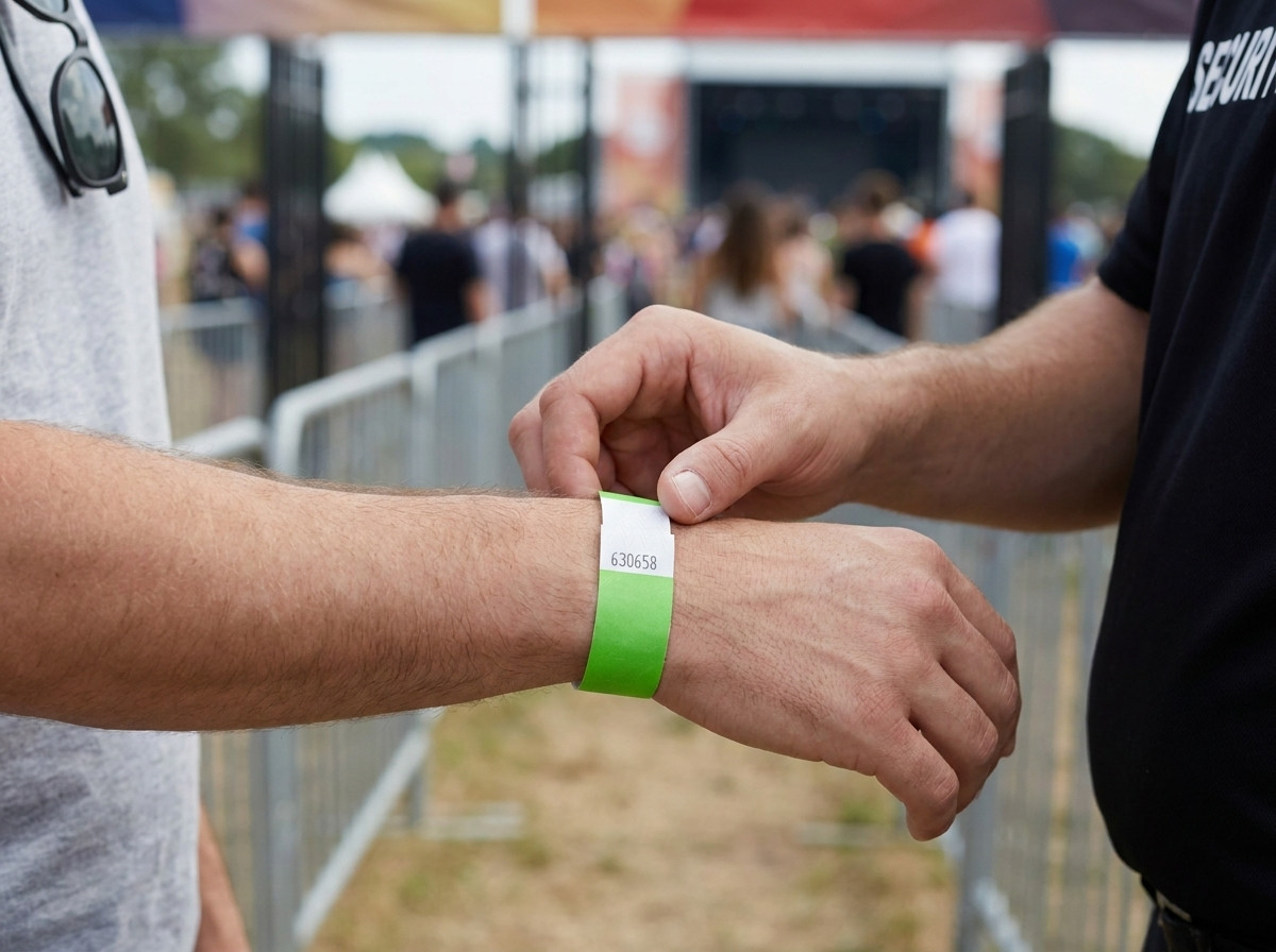 Agente de segurança verificando a pulseira anti-transferência de um participante na entrada de um evento