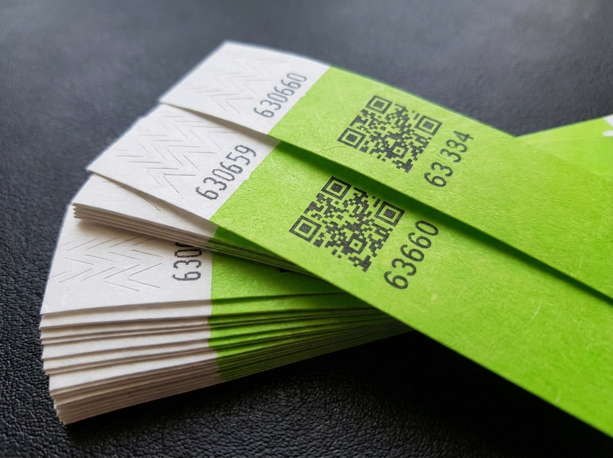 Pilha de pulseiras Tyvek personalizadas com QR code e numeração sequencial, fecho anti-transferência visível
