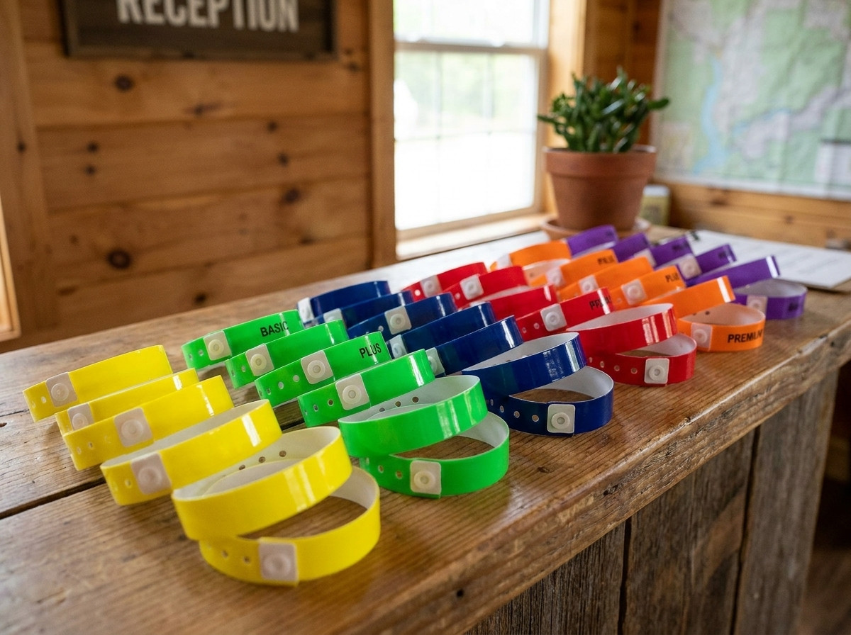 Pulseiras de vinil PVC coloridas apresentadas num balcão, durabilidade do plástico para eventos de vários dias