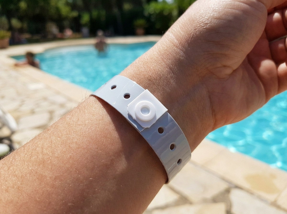 Pulseira Tyvek discreta no pulso num ambiente naturista ensolarado, beira de piscina
