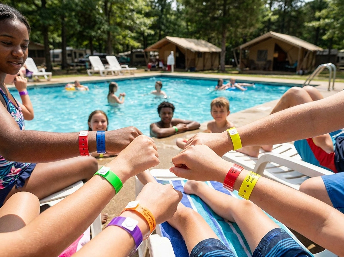Pulseiras de vinil coloridas usadas por campistas à beira de uma piscina de campismo ao ar livre