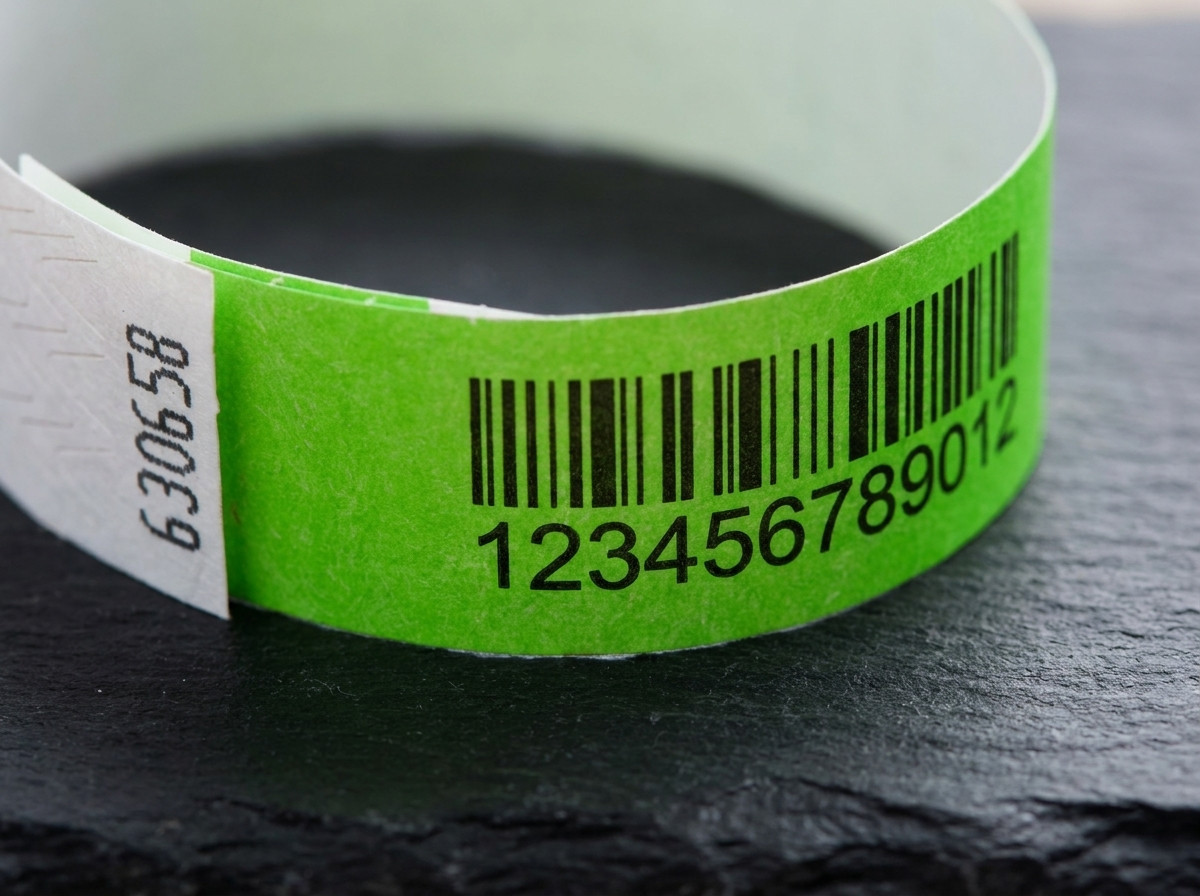 Close em uma pulseira Tyvek impressa com código de barras Code 128 e número sequencial, pousada sobre uma superfície escura