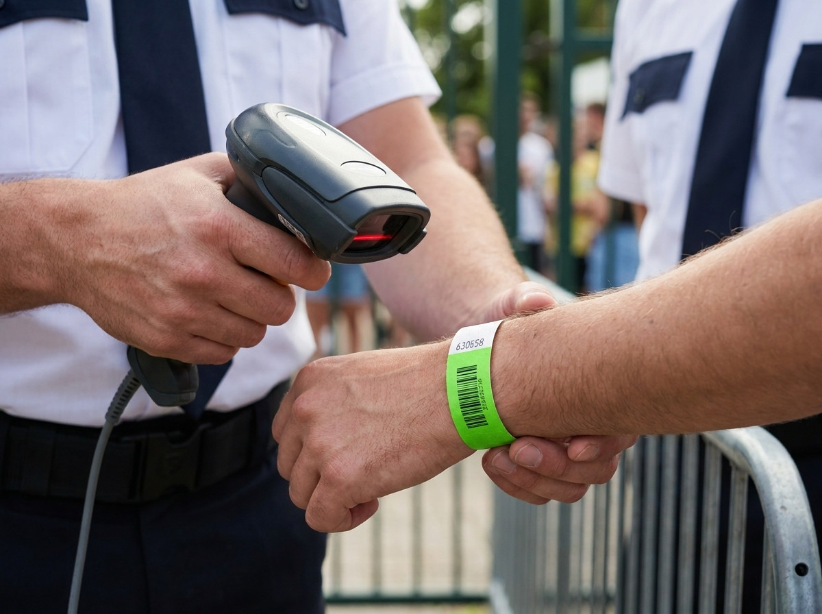 Agente de segurança escaneando o código de barras de uma pulseira Tyvek no controle de acesso de um festival ao ar livre, com leitor laser na mão