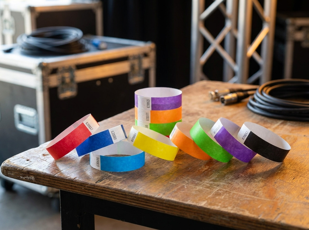 Sortido de pulseiras de backstage de concerto em várias cores dispostas sobre uma mesa de produção cénica