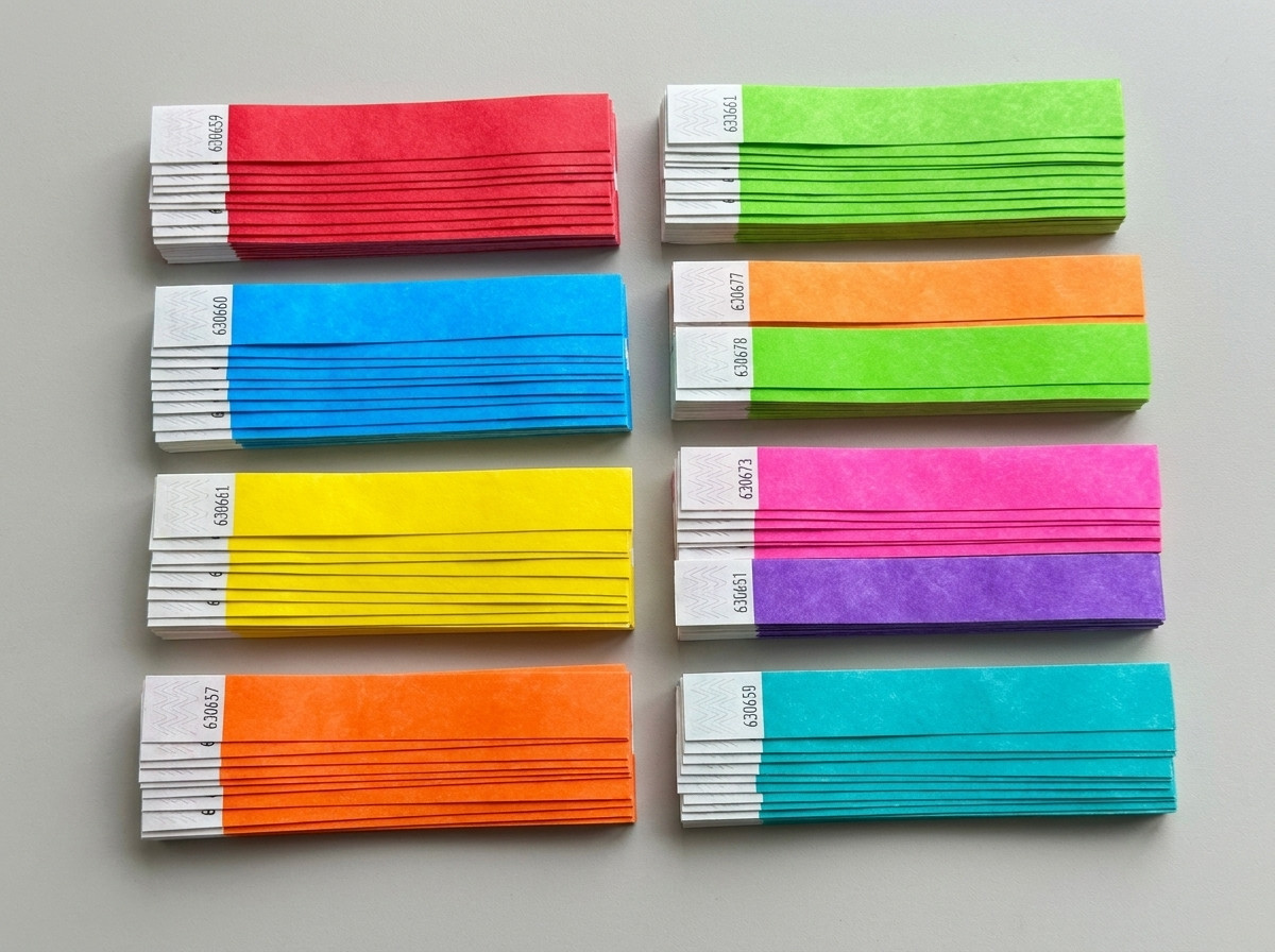 Pulseiras Tyvek coloridas para festival com várias palcos, empilhadas por cor representando cada palco e cada dia