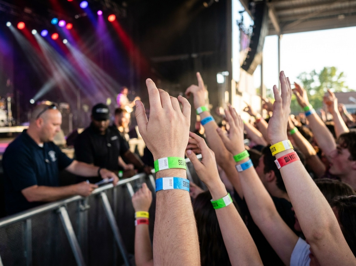 Pulseiras de identificação coloridas usadas por espectadores em fossa durante um concerto, agentes de segurança a verificar os acessos em segundo plano