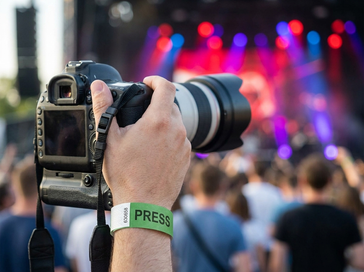 Fotógrafo em fossa usando uma pulseira de imprensa personalizada durante um concerto