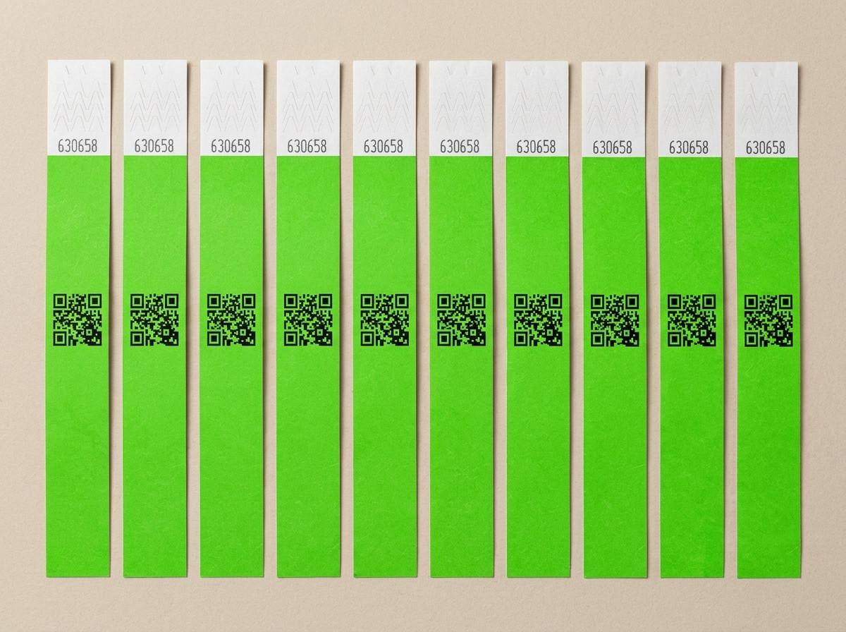 Pulseiras de identificação anti-fraude numeradas alinhadas, mostrando o fecho anti-transferência e o código QR impresso em alta definição