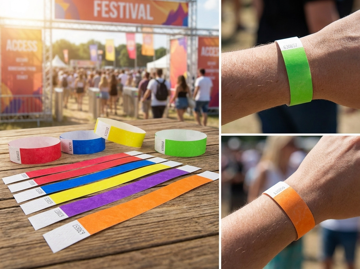 Pulseiras de controlo de acesso em diferentes cores para zonas VIP e reservadas durante um festival