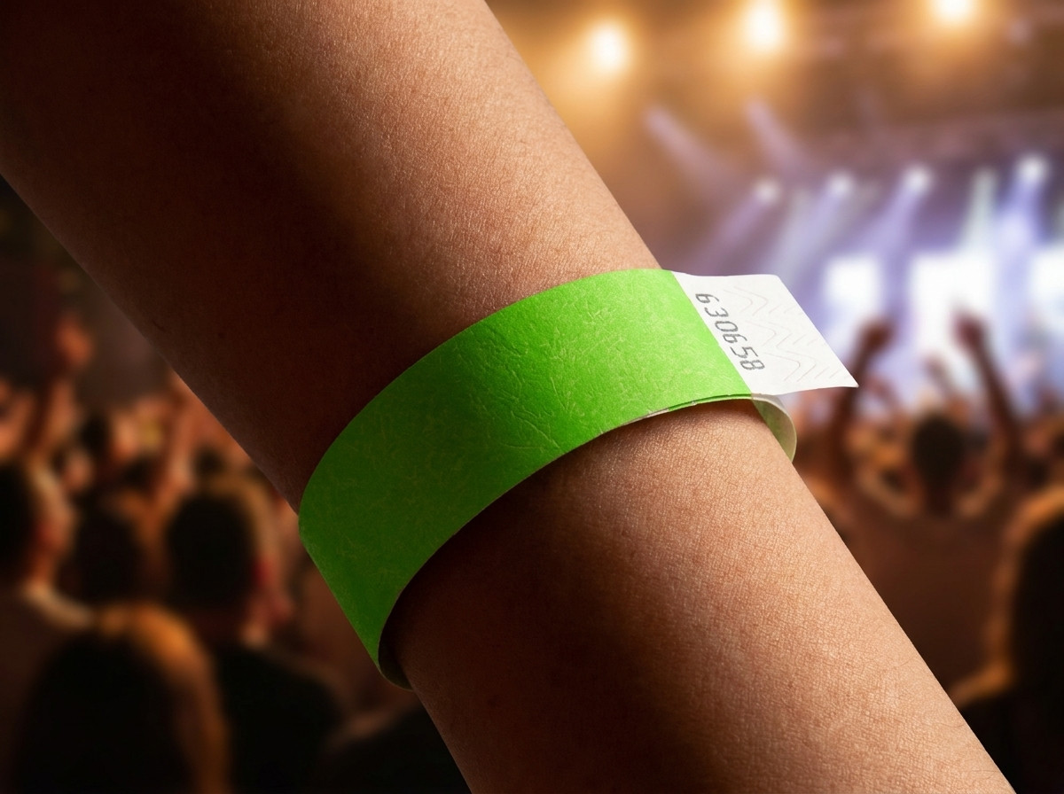 Plano aproximado de uma pulseira personalizada no pulso de um corredor de maratona, com número de dorsal e logotipo do evento impressos em HD