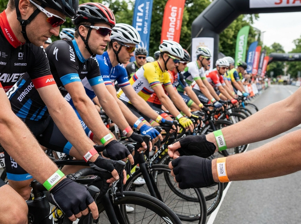 Ciclistas na largada de uma corrida de bicicleta usando pulseiras de identificação Tyvek coloridas no pulso