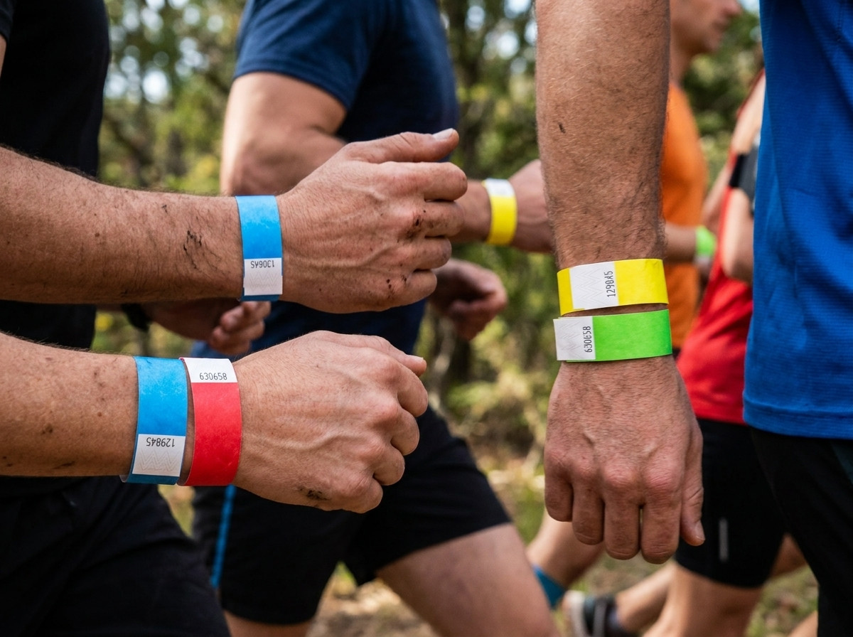 Corredores usando pulseiras Tyvek coloridas durante uma maratona, com voluntários no posto de abastecimento verificando as cores de categoria