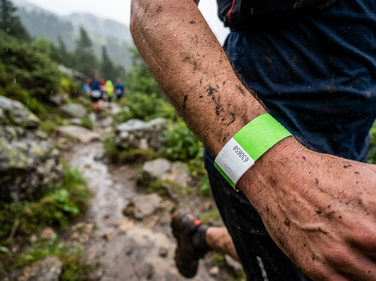 Corredor de trail usando uma pulseira de identificação resistente à lama durante uma corrida de montanha