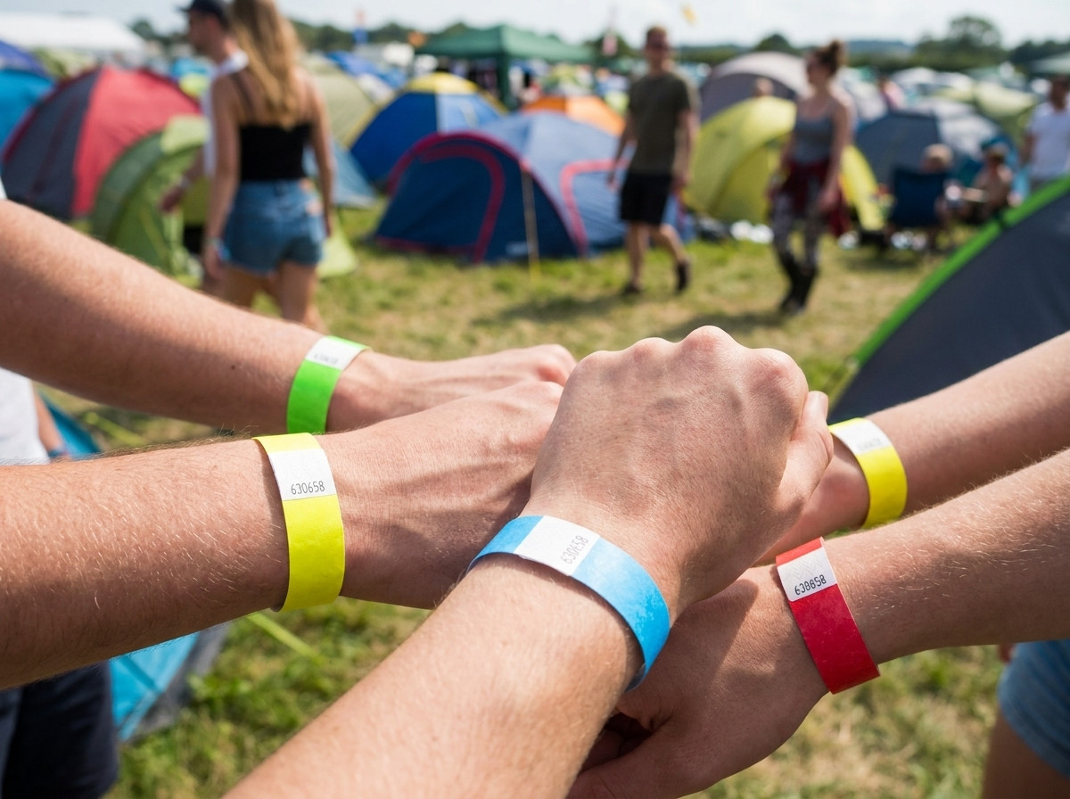 Pulseiras de identificacao coloridas usadas por festivaleiros em frente a um campismo de festival ao ar livre com tendas ao fundo