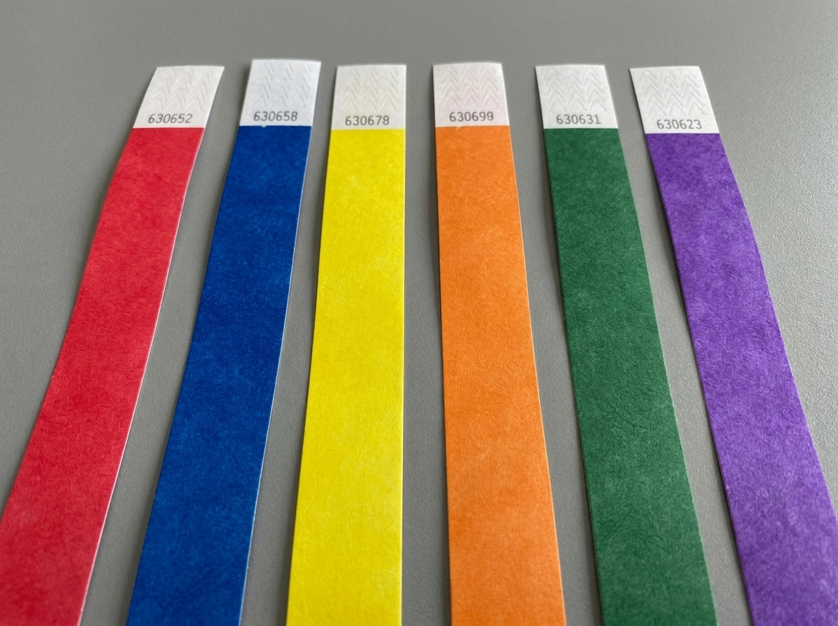 Pulseiras de staff de festival em várias cores dispostas lado a lado, cada uma impressa com uma funcao diferente: seguranca, recepcao, tecnica