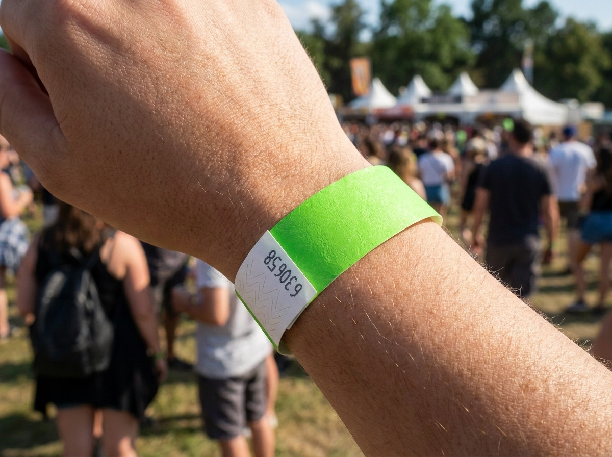 Pulseira de vinil PVC com foto impressa em alta definição, usada no pulso durante um festival ao ar livre