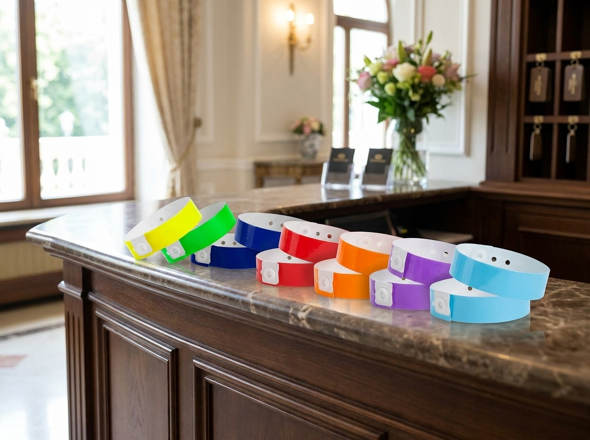 Pulseiras all-inclusive coloridas dispostas num balcao de recepcao hoteleira, cada cor representando uma formula de estadia diferente