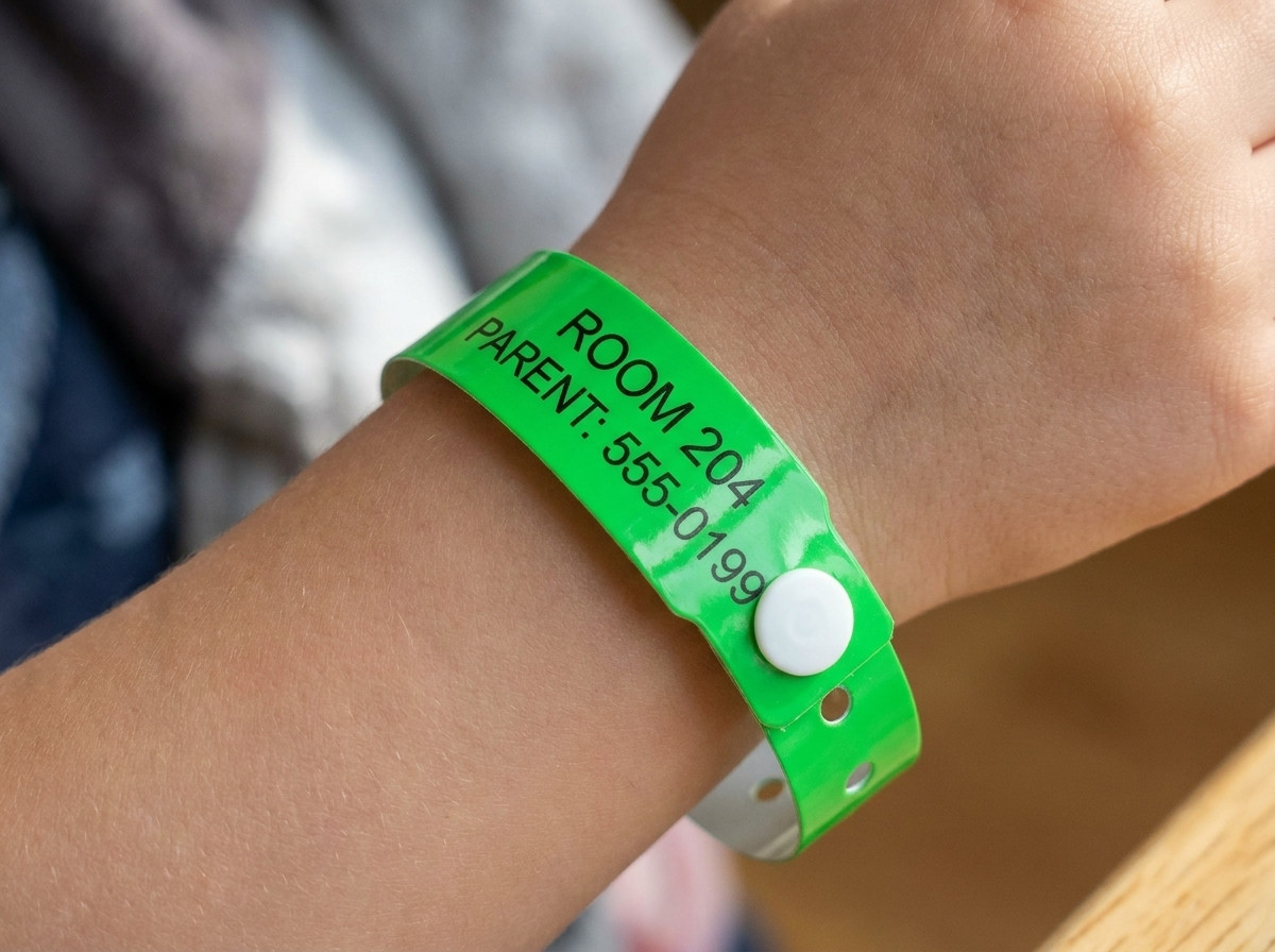 Pulseira Tyvek colorida para crianca com numero de quarto e contacto parental impressos, usada no pulso de uma crianca a beira de uma piscina de hotel
