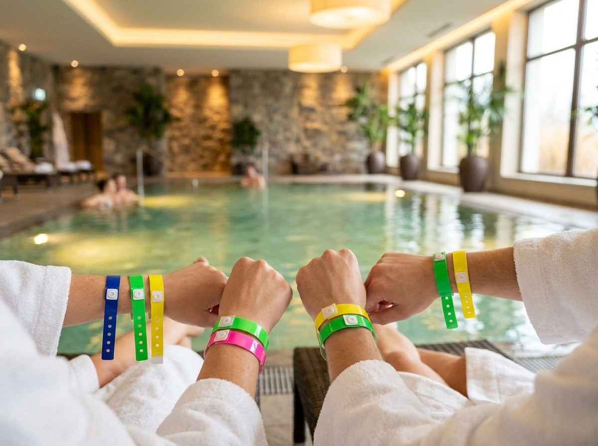 Pulseiras vinil coloridas usadas no pulso de clientes num espaco spa de hotel com piscina interior e iluminacao suave