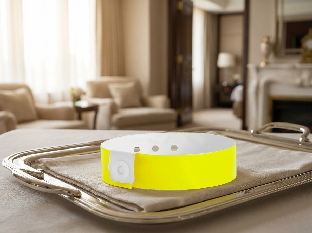 Pulseira VIP personalizada para cliente de suite hoteleira, pousada sobre uma bandeja de servico elegante