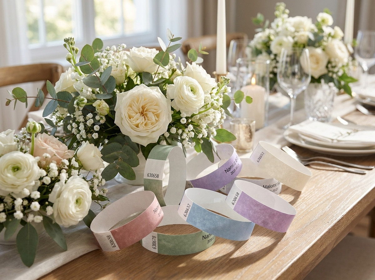 Pulseiras Tyvek coloridas personalizadas para um casamento, dispostas sobre uma mesa de decoracao floral