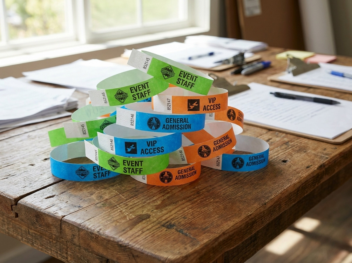 Pulseiras Tyvek personalizadas com logotipo e numeracao preparadas para um festival ou seminario corporativo