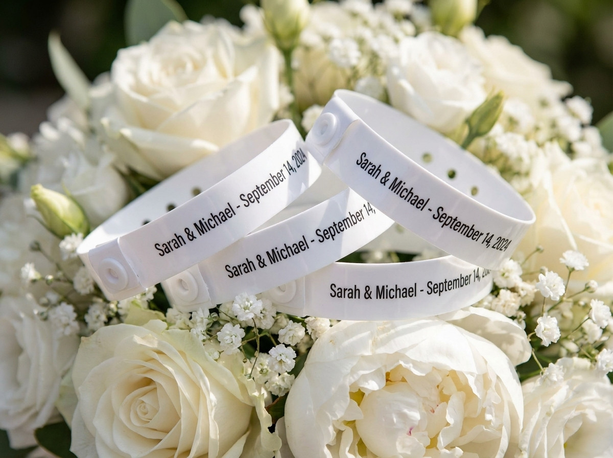 Pulseiras de casamento personalizadas em branco com os primeiros nomes dos noivos e data impressos a dourado, pousadas sobre um ramo de flores brancas