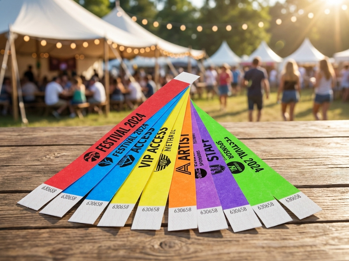 Pulseiras Tyvek coloridas personalizadas com logotipo e texto para um festival
