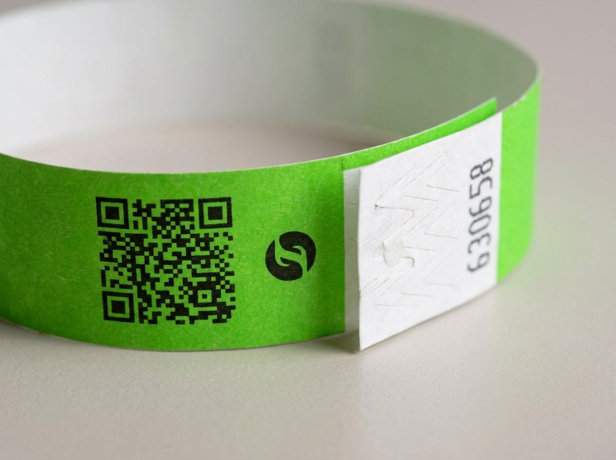 Close em uma pulseira de identificacao com QR code e logotipo impressos em alta definicao