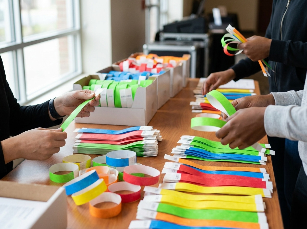 Mesa de triagem na entrada de um evento local com pulseiras de papel de diferentes cores dispostas em rolos