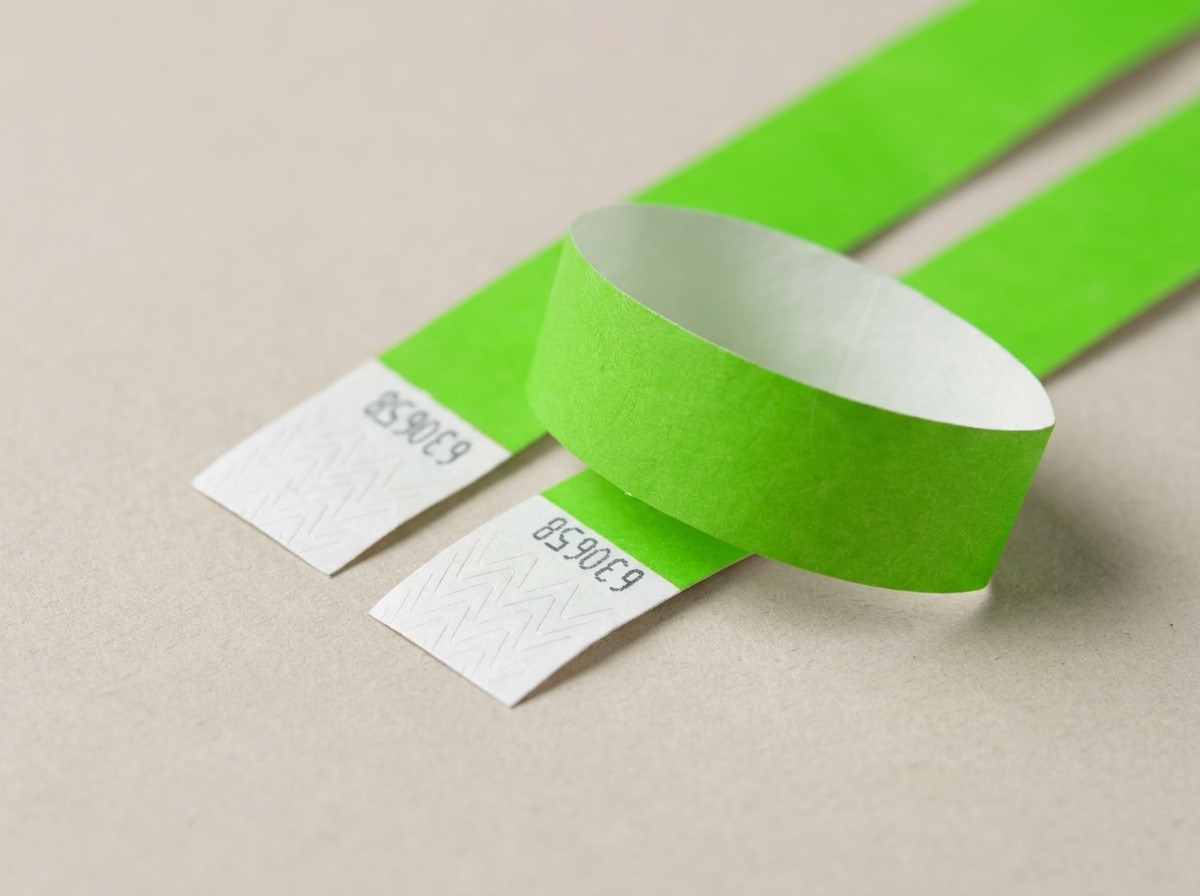 Comparação lado a lado de uma pulseira de papel amassada após um dia de uso e de uma pulseira Tyvek ainda intacta