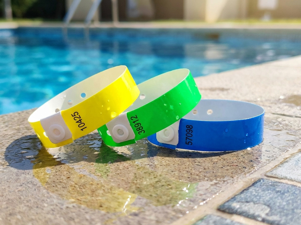 Pulseiras vinil PVC personalizadas para subscricao de piscina, com numero de subscritor e codigo QR, pousadas na beira de um tanque