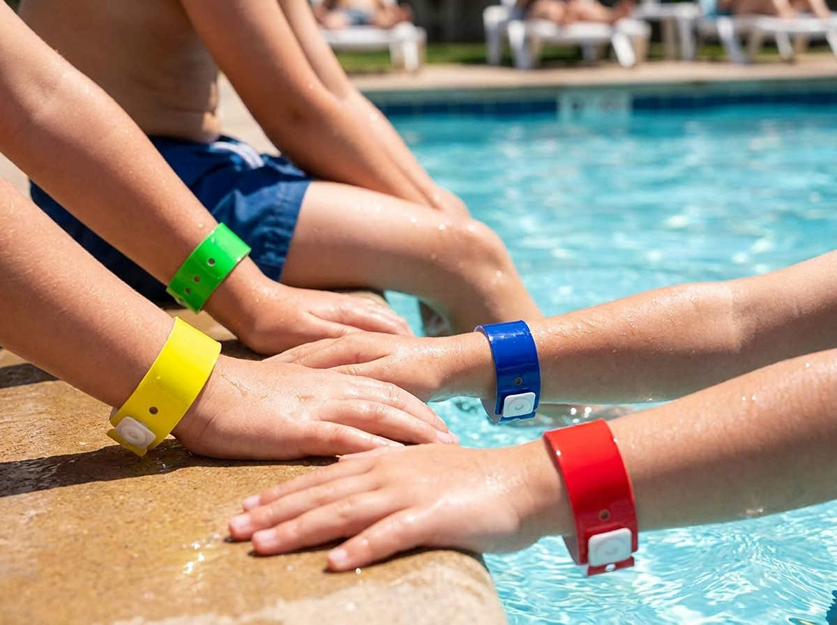 Pulseiras vinil coloridas amarelo verde azul vermelho usadas por criancas a beira de uma piscina interior durante uma aula de natacao