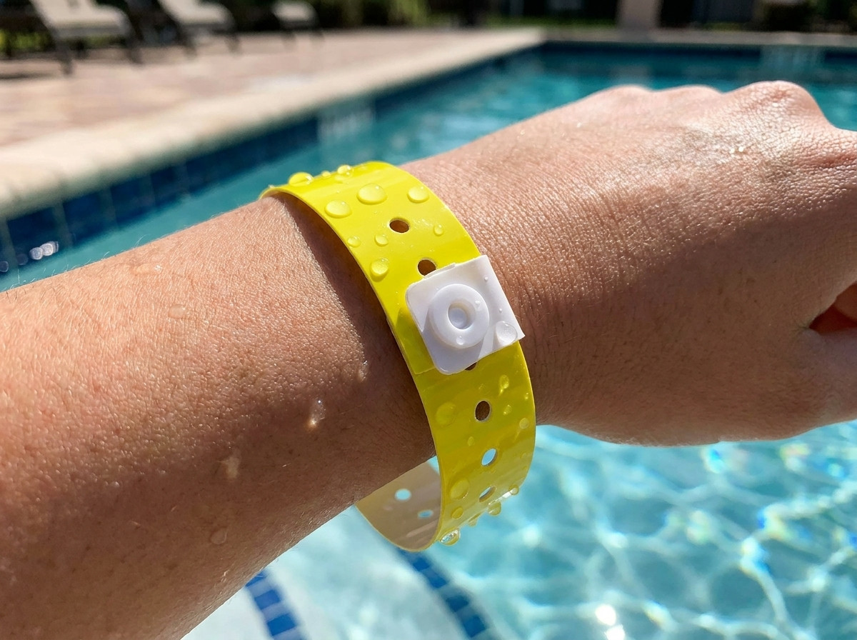 Primer plano de uma pulseira vinil impermeavel usada no pulso de uma crianca a beira de uma piscina, com um numero de telefone claramente impresso