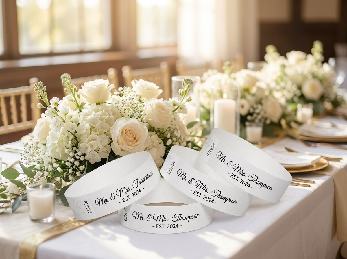Pulseiras de identificacao brancas personalizadas com o nome dos noivos e a data do casamento, apresentadas em uma mesa decorada com flores brancas