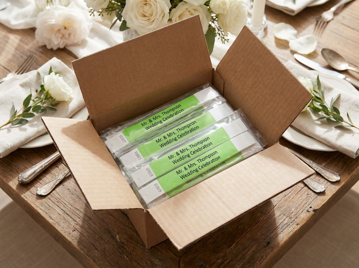 Caixa de entrega aberta revelando sacos de pulseiras de casamento personalizadas prontas para serem distribuidas aos convidados