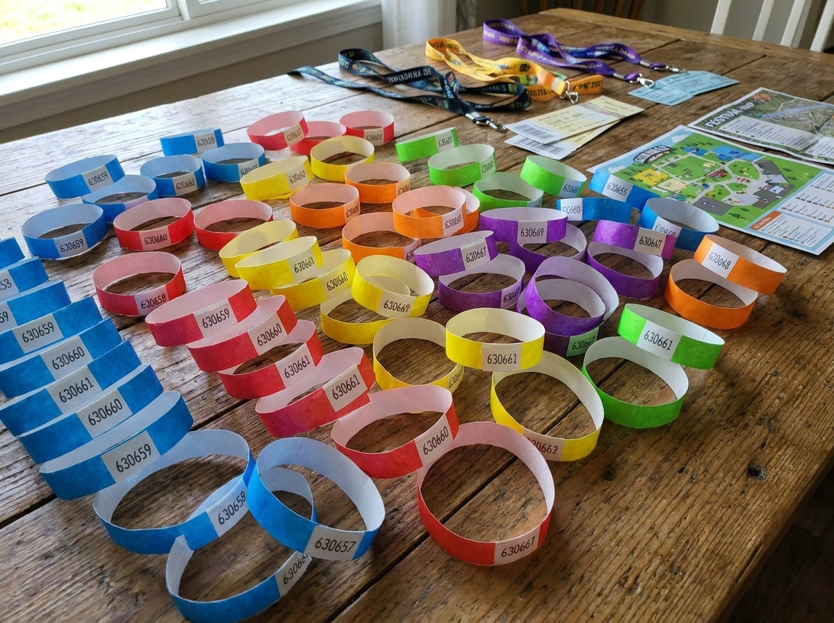 Pulseiras de segurança anti-transferência coloridas preparadas para um grande festival, mostrando os fechos invioláveis e a numeração sequencial impressa