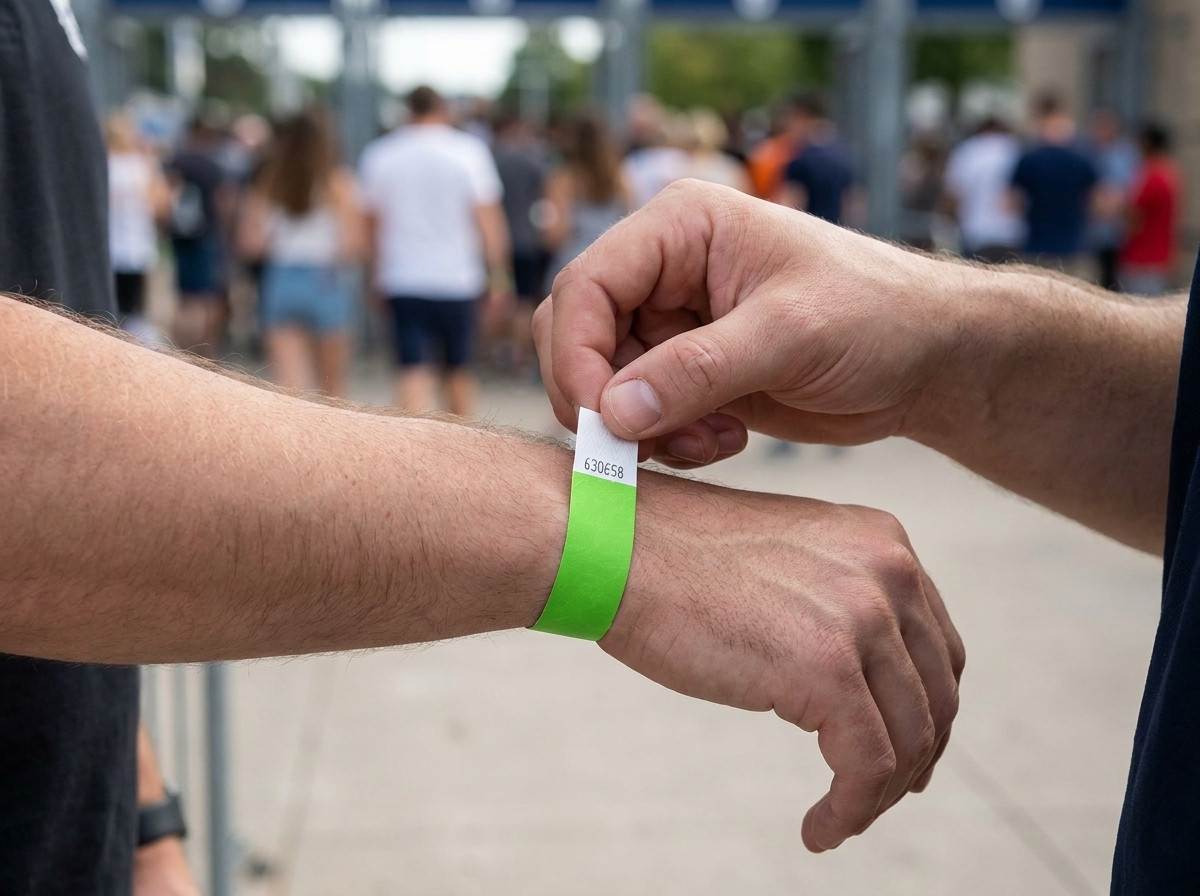Agente de segurança verificando pulseiras anti-transferência na entrada de um grande festival ao ar livre, multidão visível ao fundo