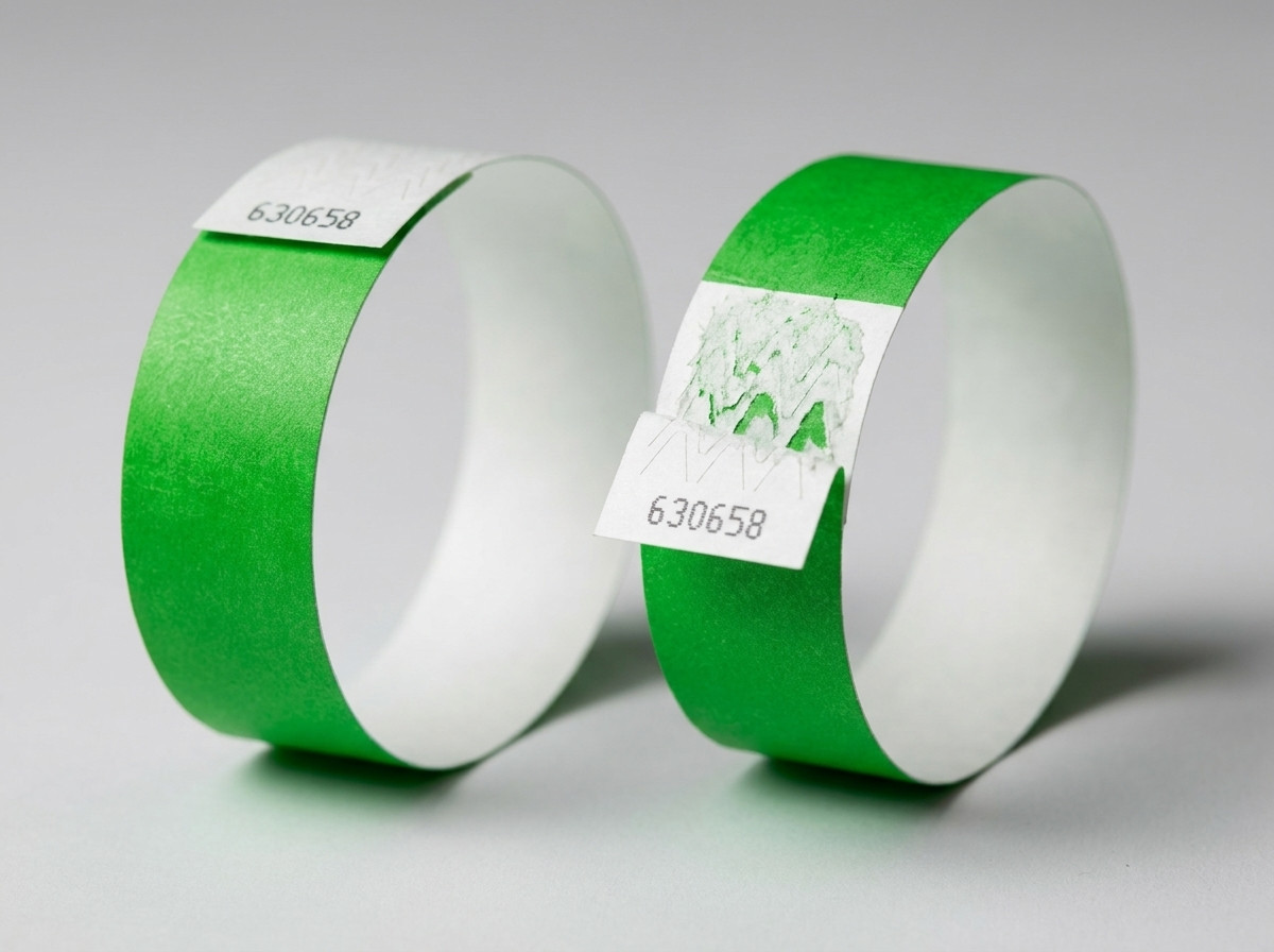 Comparacao lado a lado de uma pulseira Tyvek e de uma pulseira de identificacao personalizadas para um evento, ilustrando as diferencas de material, espessura e fecho
