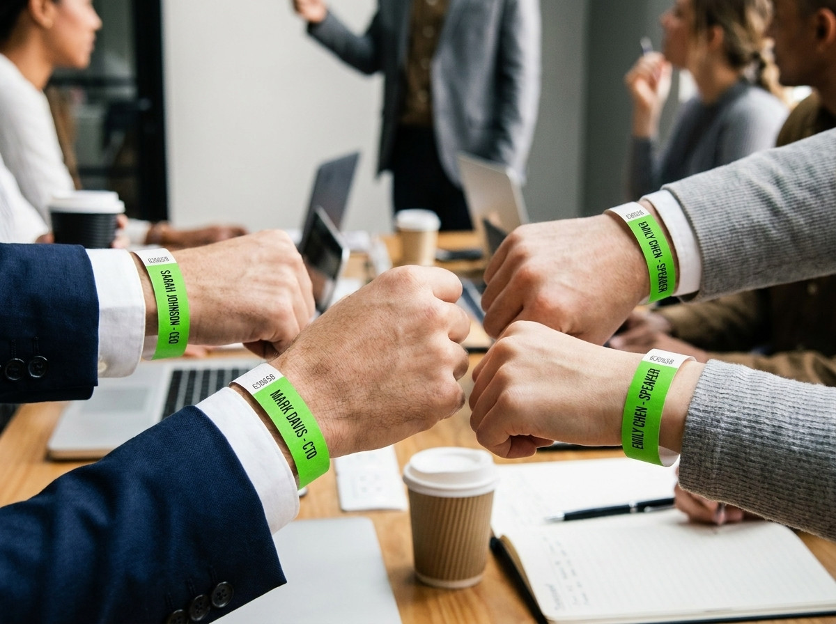 Pulseiras de identificação nominais para conferência profissional, com nome e função impressos em alta definição, usadas no pulso de participantes durante um congresso