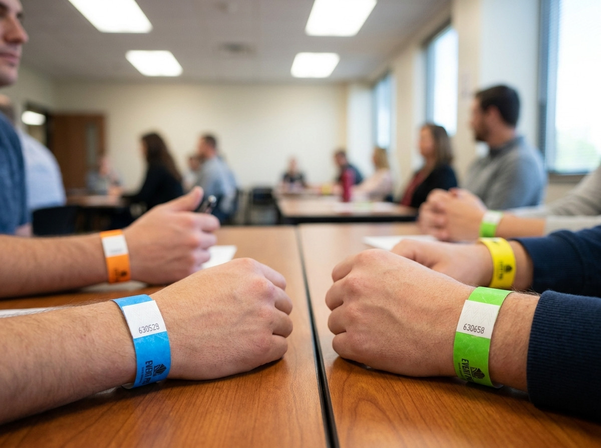 Pulseiras Tyvek coloridas usadas por candidatos sentados em mesas de formação em sala, com logotipo e numeração sequencial visíveis
