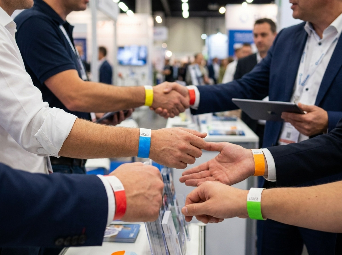 Pulseiras Tyvek coloridas para expositores e visitantes durante um salão profissional B2B