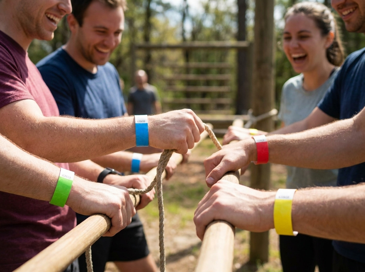 Pulseiras de team building coloridas usadas por participantes durante uma atividade ao ar livre, cada cor representando uma equipa diferente