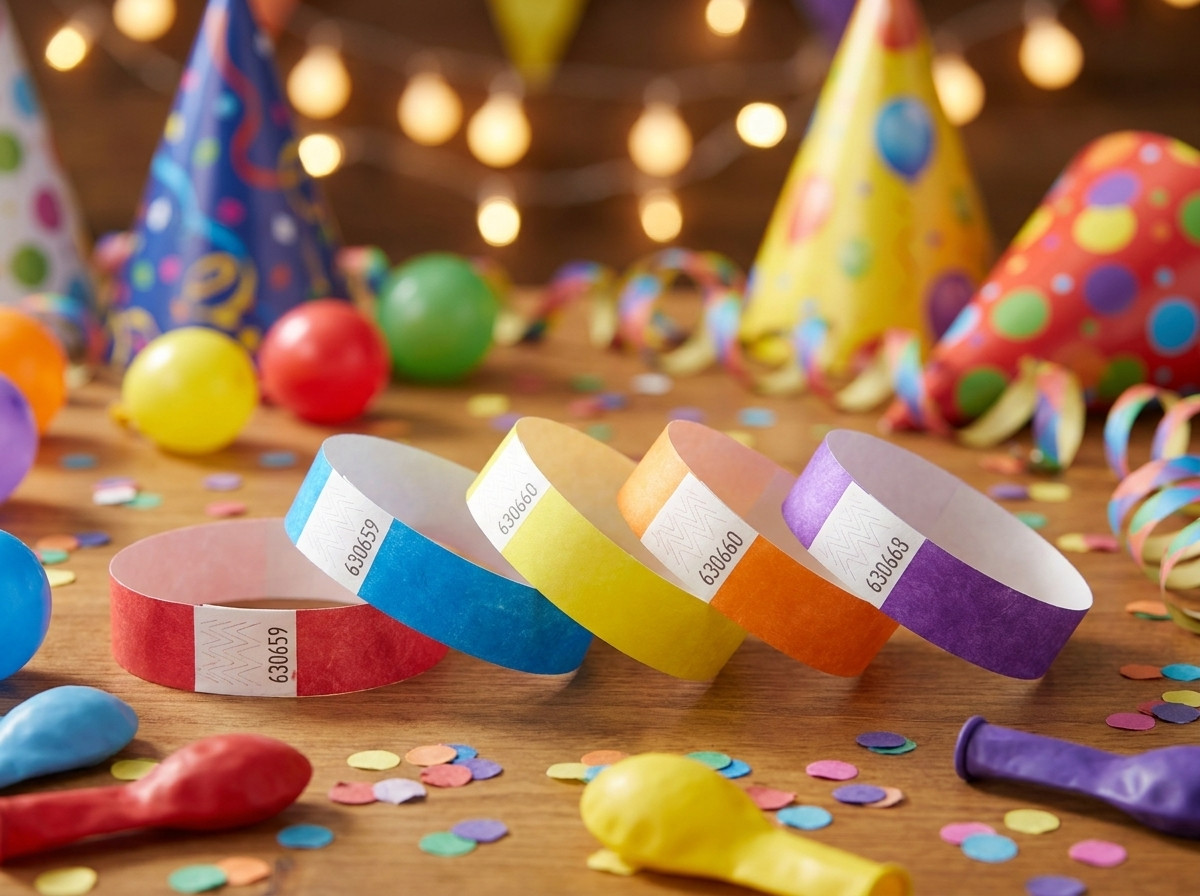 Pulseiras de festa personalizadas em Tyvek coloridas, impressão HD, colocadas sobre uma mesa com decorações de festa