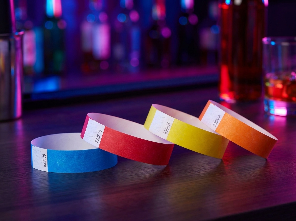 Pulseiras de vinil PVC coloridas para acesso VIP em uma boate, dispostas sobre um balcão de bar com luzes ambiente