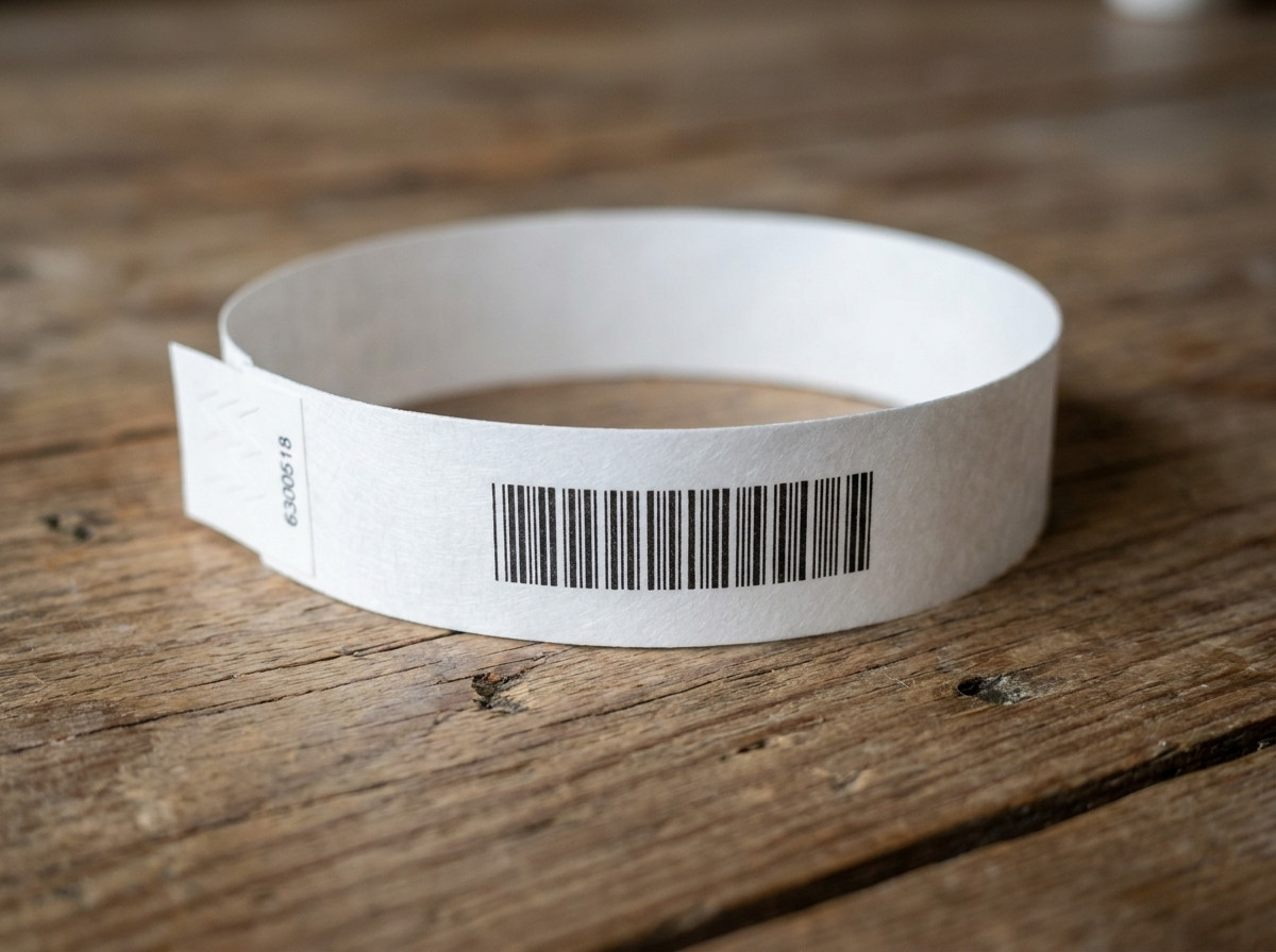 Close em uma pulseira Tyvek branca impressa com logotipo e codigo de barras, posta sobre uma superficie de madeira