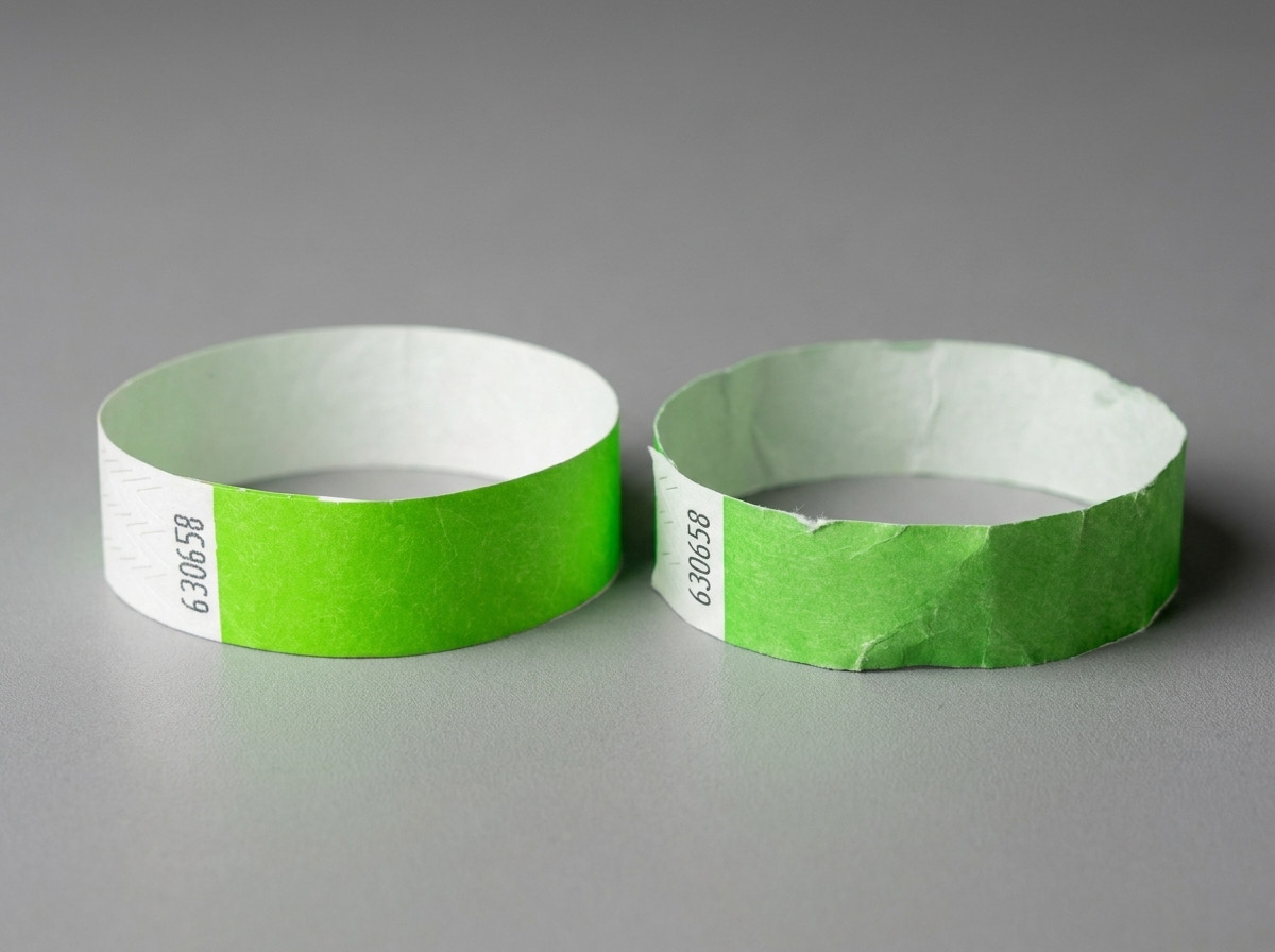 Comparacao lado a lado de uma pulseira Tyvek e de uma pulseira de papel molhadas em uma superficie externa sob a chuva
